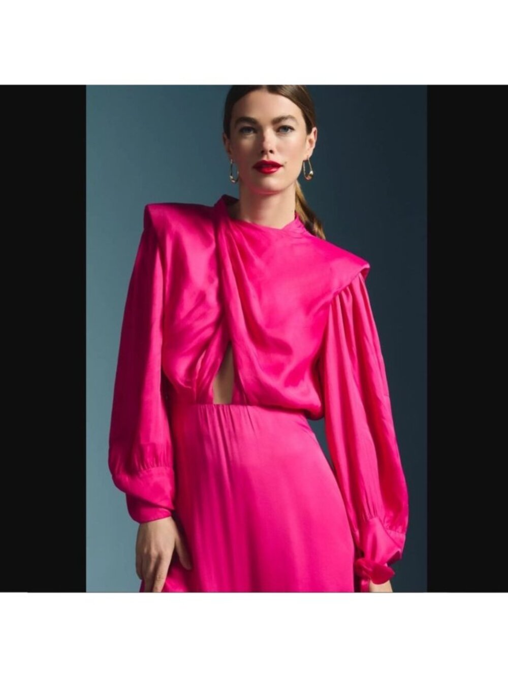 Anthropologie Farm Rio Pink Cut Out Shoulder Pad Satin Maxi Dress L NEW - Picture 3 of 15